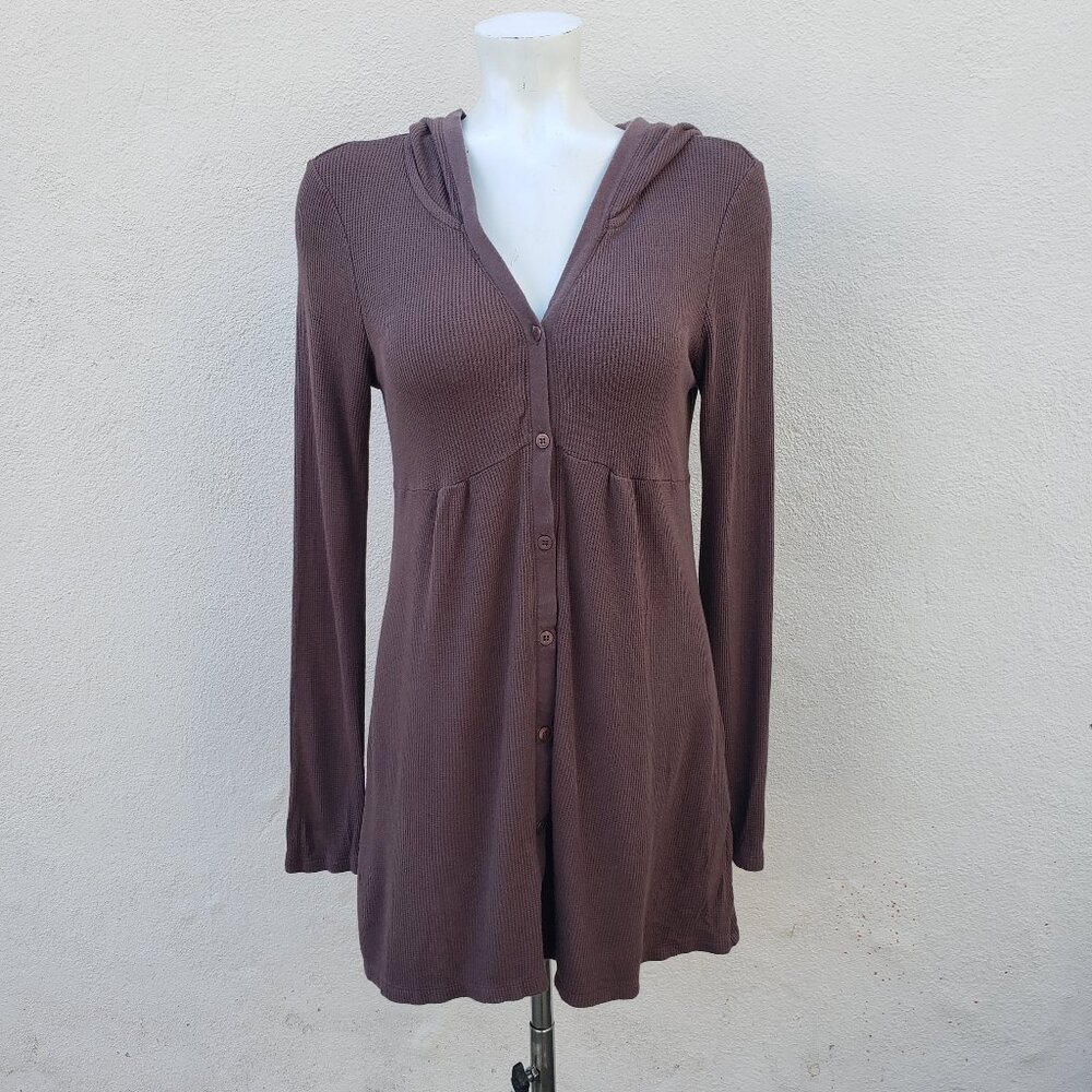 super soft waffle weave light thermal button down empire waist hooded cardigan